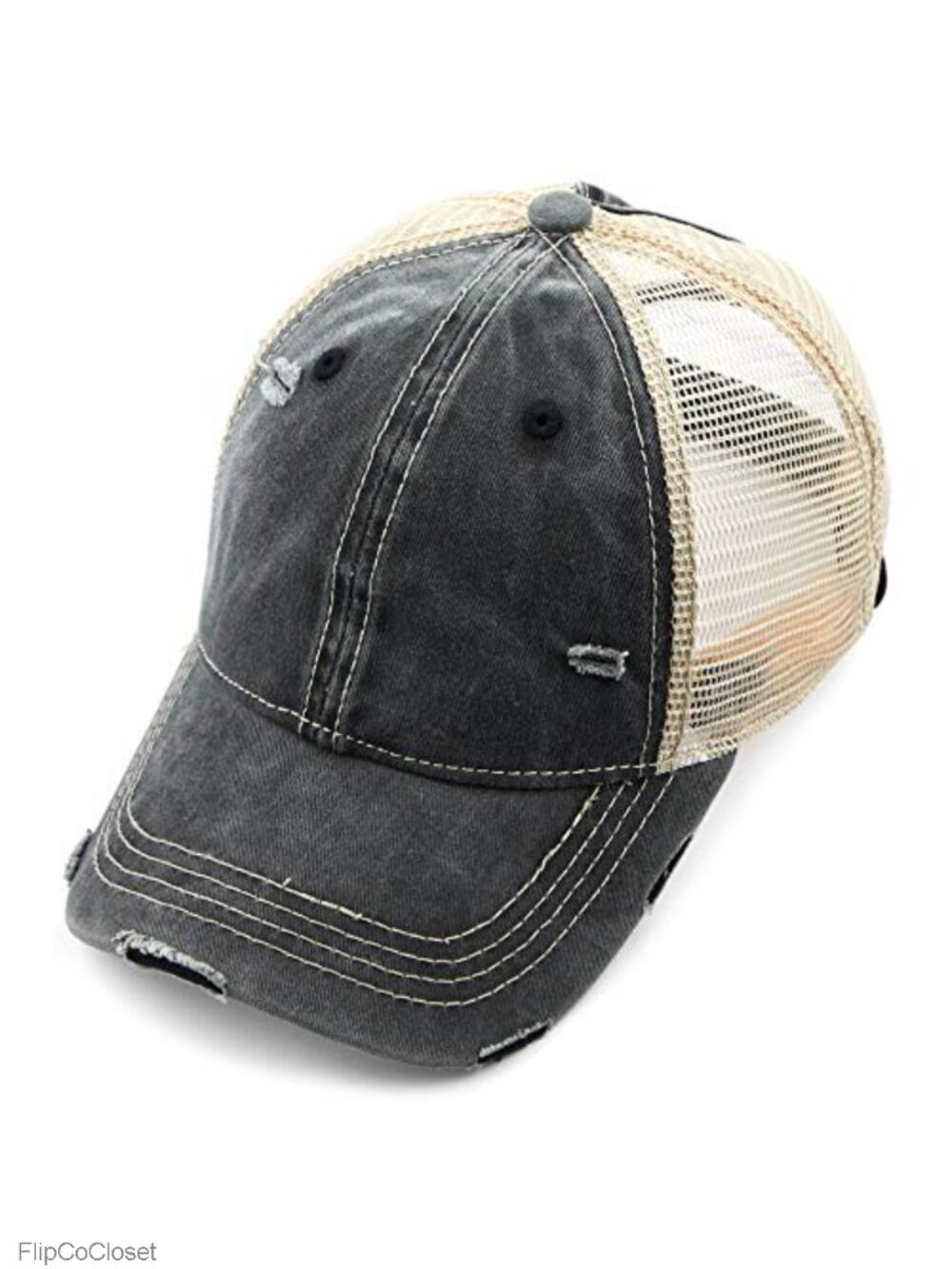 Distressed Denim Ponytail Baseball Cap with Velcro Closure and Adjustable Fit
